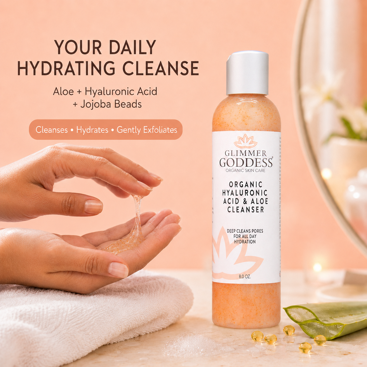 Organic Hydrating Facial Cleanser with Exfoliating Jojoba Beads – 8 oz