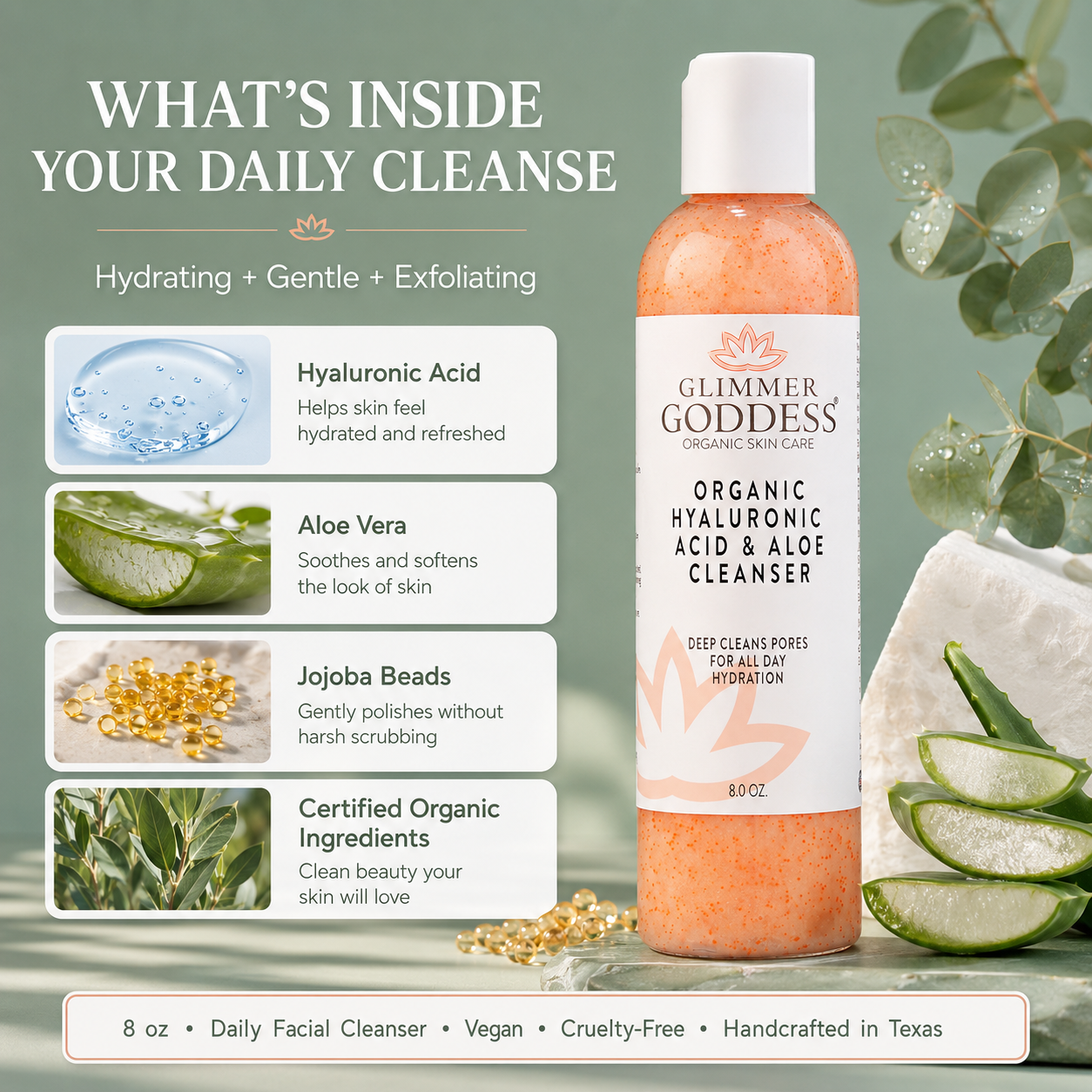 Organic Hydrating Facial Cleanser with Exfoliating Jojoba Beads – 8 oz